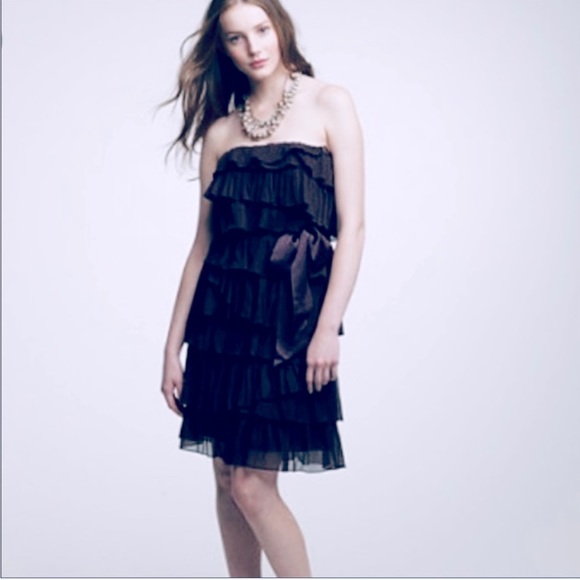 J.Crew Black Silk Strapless Tiered Ruffled Mini Dress with Bow, Size 0 EUC - Picture 7 of 7